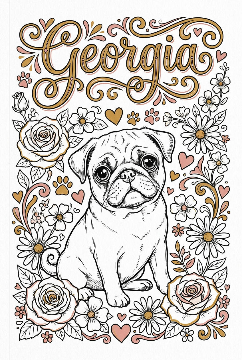 Custom pet coloring book featuring Georgia the pug